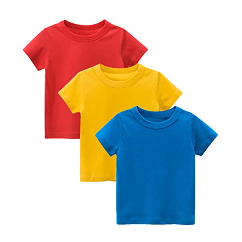 GFQLONG Toddler Boys Girls 3 Pack Cotton T-Shirts, Baby Summer Short Sleeve Solid Crewneck Tees,Red+Yellow+Blue 1-2 Years