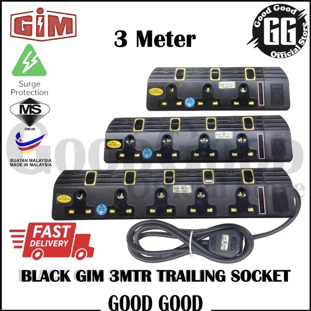 GIM 3,4,5 Way 3MTR SURGE PROTECTOR Sleek Black Portable Extension Trailing Socket Trailing Plug Extension Plug