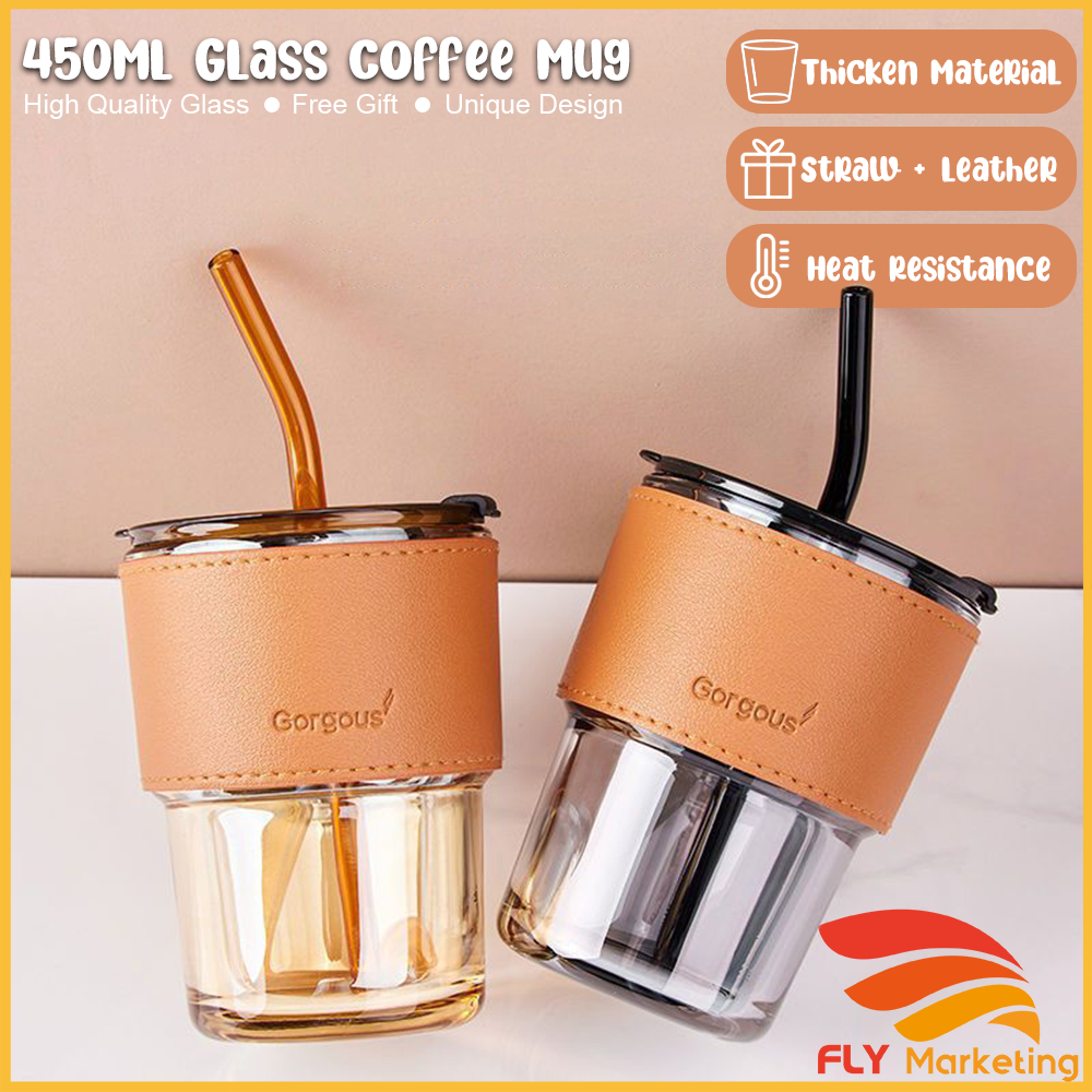 Glass Straw Cup with Lid Heat Cold Resistant Iced Water Bottle Viral Coffee Glass Mug Transparent Travel Mug Leather