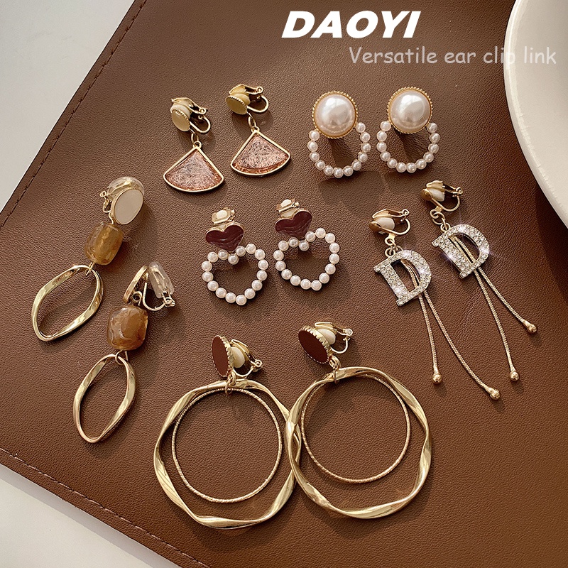 Gold Metal Drop Ear Clips Pearl Dangling Earring Korean Vintage Brown Earrings Women Luxury Jewelry