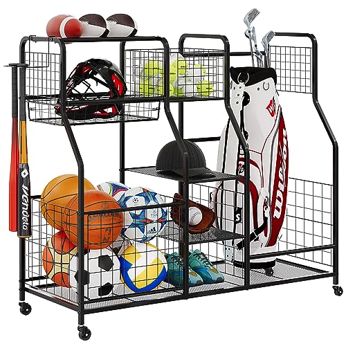 Golf Bag Storage Rack - Fits 2 Golf Bags, Garage Sports Equipment Organizer with Baskets, Garage Organizers and Storage with Hooks, Movable Ball Storage Cart with Wheel for Garage, Gym, Shed, Outdoor