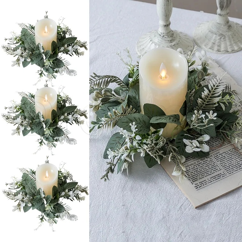 Green Plant Candle Ring Holder Decor / Easter Christmas Home Festival Party Table Decoration / Artificial Greenery Plant Candlestick Wreath / Fresh Silk Fabric Plastic Wreaths