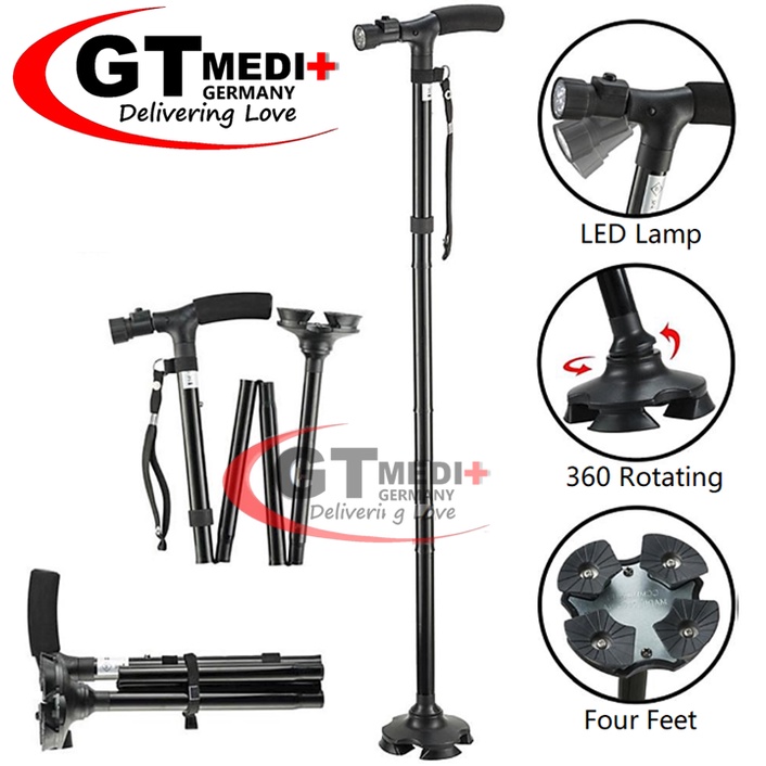 GT MEDIT GERMANY Ultimate Magic Cane Adjustable Foldable Crutch Walking Aid Mobility Walker Stick + LED Torch Light