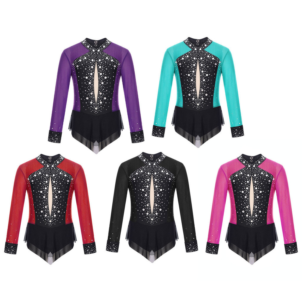 Gymnastics Leotards for Girls Dance Outfits Long Sleeves Tumbling Bodysuits Sparkly Rhinestone Dancewear