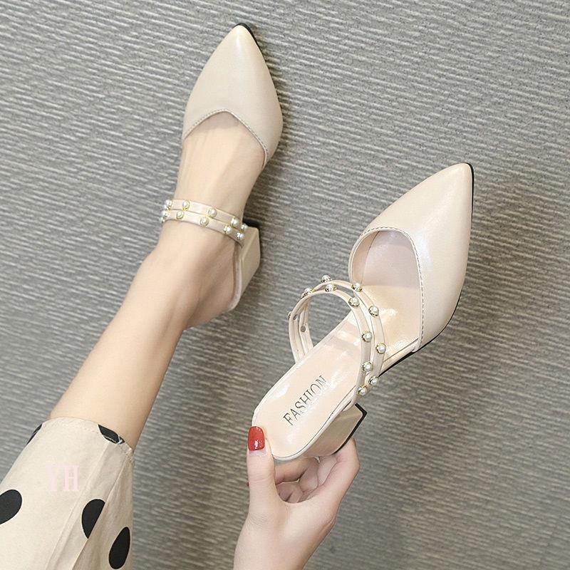 Half-Drag Pearl Sandals Slippers Womens Summer 2021 New Style High-Heeled Outer Wear Mid-Heel