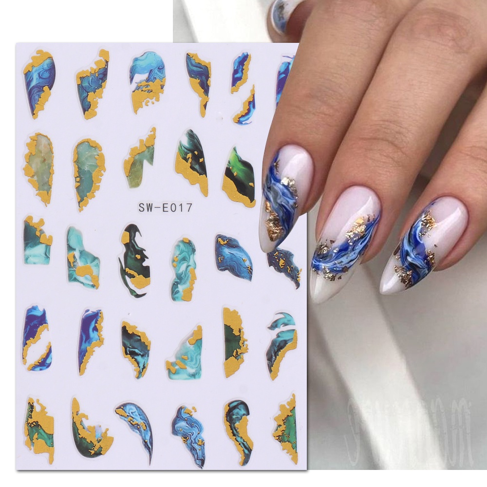 HAMA NAIL 3D Ink Marble Royal Blue Nail Sticker with Gold Flake Smoky Blooming Geometry Wave Sliders Star Butterfly Decor Manicure