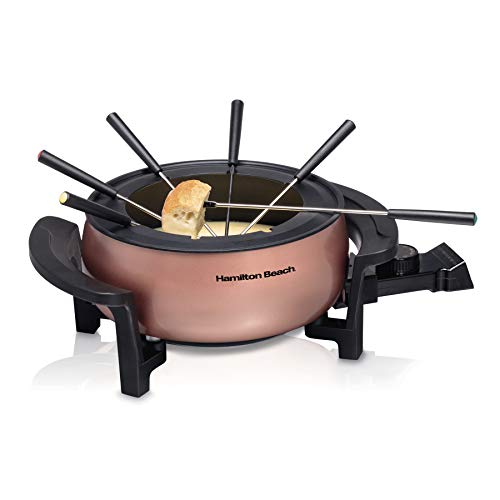 Hamilton Beach 3 Quart / 2.8 Liter 3QT Copper Electric Fondue Pot Set with Temperature Control, 6-Color Coded Forks, for Cheese, Chocolate, Hot Oil, Broth (86201)