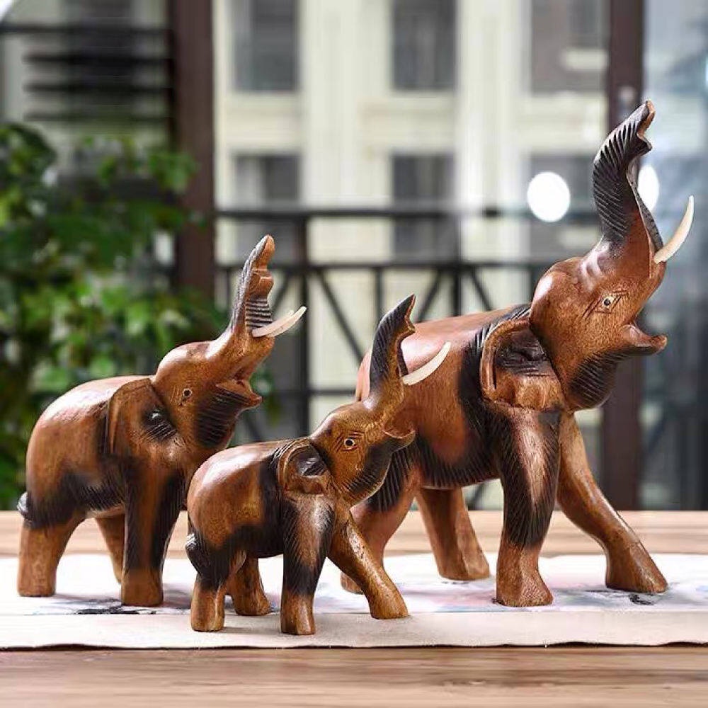 Hand Carved Wooden Elephant Statue Home Feng Shui Decoration Office Desktop Bookshelf Living Room Sculpture