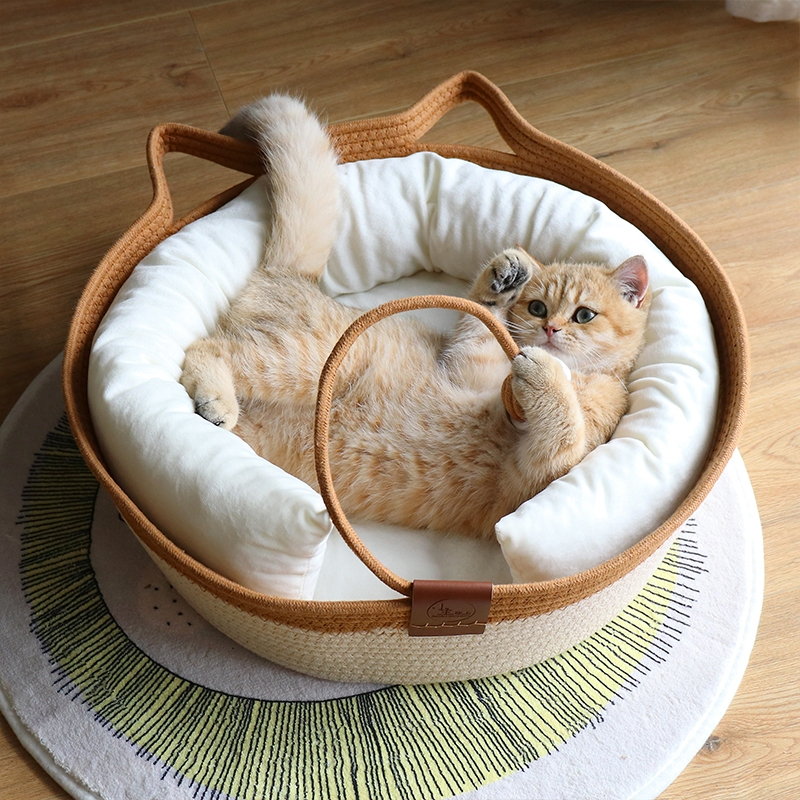 Handwoven Cotton Rope Cat Bed Cat Hammock Foldable Sleeping Nest Basket Handmade Natural Cradle Scratcher Cuddler for Kitten Cute Style with a Playing Rope Ball