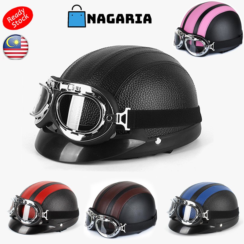 Harley Helmets Motorcycle Topi Keledar motosikal Retro Half Open Face Helmet with Goggles Visor Biker Scooter Black Moto