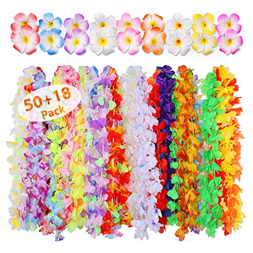 Hawaiian Leis Bulk,Luau Party Supplies Including 50Pcs Leis and 18Pcs Hawaiian Flower Hair Clips for Tropical Luau Hawaiian Party Favors