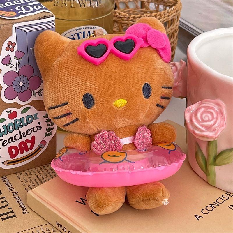 Hawaiian Brown Kitty Cat with Swimming Ring Key Chain Cute Cartoon Plush Doll Pendant Bag Decoration Hanging Ornament