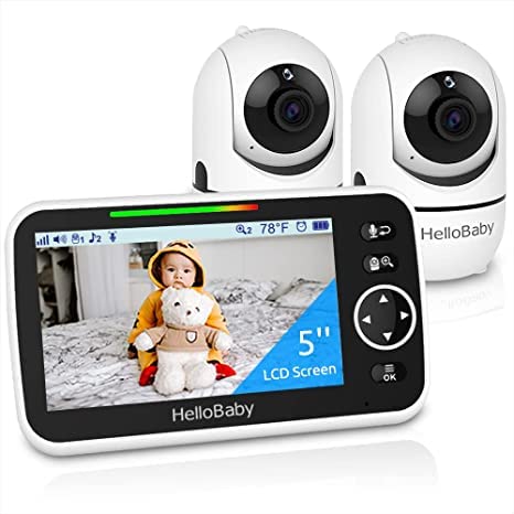 HelloBaby 5’’ Baby Monitor with 26-Hour Battery, 2 Cameras Pan-Tilt-Zoom, 1000ft Range Video Audio Baby Monitor No WiFi, VOX, Night Vision, 2-Way Talk, 8 Lullabies and Temperature