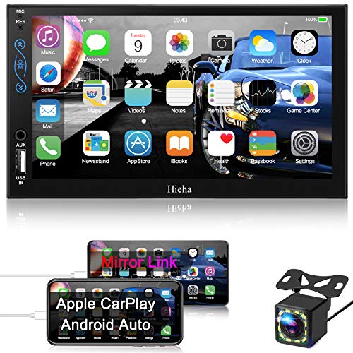 Hieha Car Stereo Compatible with Apple Carplay and Android Auto, 7 Inch Double Din Stereo with Bluetooth, Touch Screen Radios MP5 Player with A/V Input, Backup Camera, Mirror Link, SWC