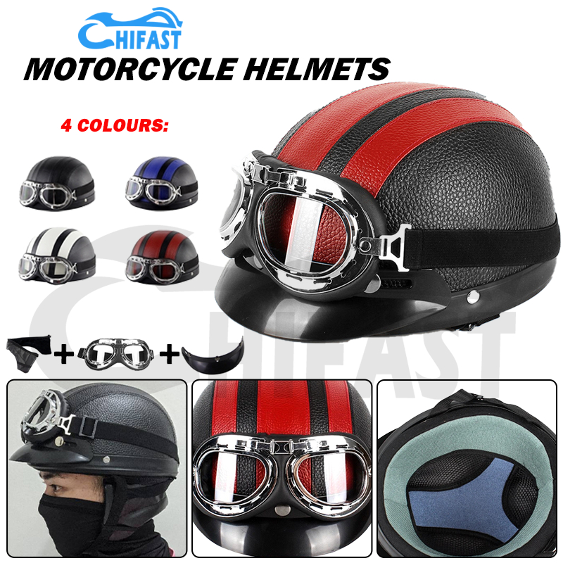 HIFAST Motorcycle Harley Helmets Retro Synthetic Leather Half Open Face Motorcycle Helmet with Goggles Visor Biker Scooter