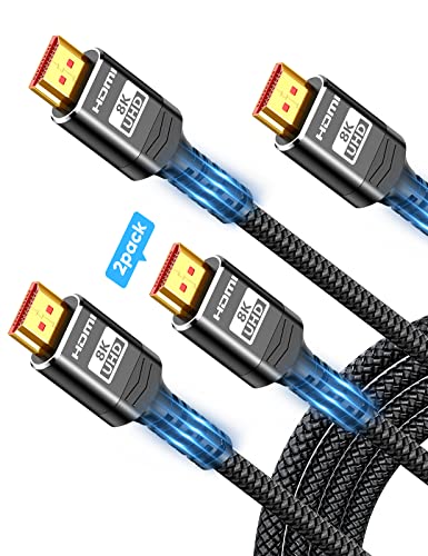 Highwings 8K HDMI Cable 2.1 2-Pack 6.6FT, Slim 48Gbps High Speed HDMI Braided Cord-4K@120Hz 144Hz 8K@60Hz, HDCP 2.2&2.3, Dynamic HDR,eARC,DTS:X,RTX 3090,Dolby Compatible with Roku TV/HDTV/PS5/Blu-ray