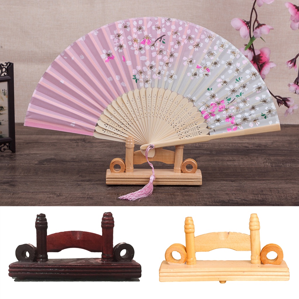 HLAg_ Retro Style Folding Fan Stand Smooth Edge High Stability Wooden Fan Frame Base Display Tool Desktop Decoration