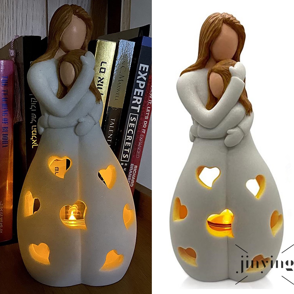 Hugging Mother & Daughter Figurines with LED Candle Sculpted Candle Holder Hand-Painted Figures Statues Warm Birthday Party Decorative Statue Gift for Mum/Daughter