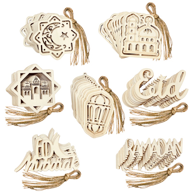 Huiran10pcs Hari Raya Decoration Wooden Pendant Eid Mubarak Decoration 2023 Hanging Pendant Hiasan Selamat Hari Raya Islamic Muslim Party Decoration Ramadan Decoration