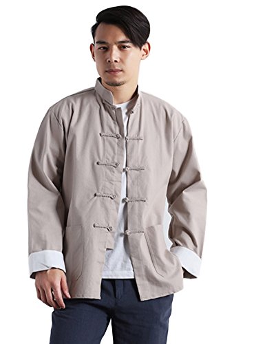 Idopy Men`s Chinese Traditional Linen Cotton Tai Chi Kung Fu Mandarin Collar Frog-Button Shirt Beige Asian XXL US L