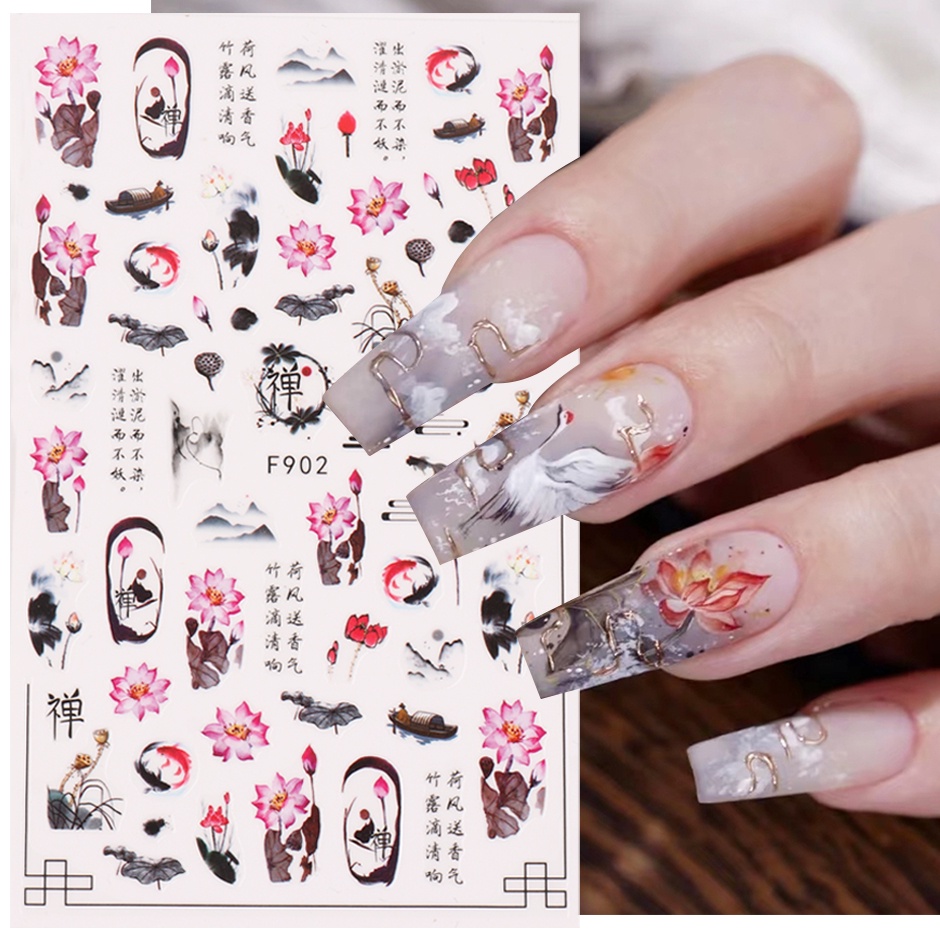 Ink Painting Flower Lotus Peony Stickers for Nails Chinese Poetry Calligraphy Sliders Bamboo Leaf Unique Decals Manicure