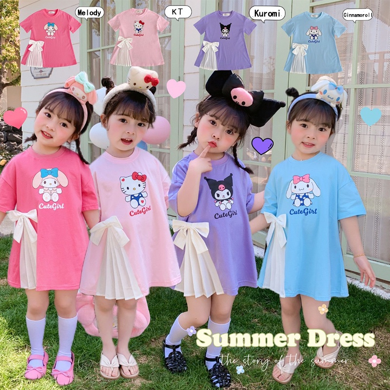 Ins Kids Summer Kuromi Melody Onepiece Dress Cute Hellokitty Bowtie Dress Baby Party Dress