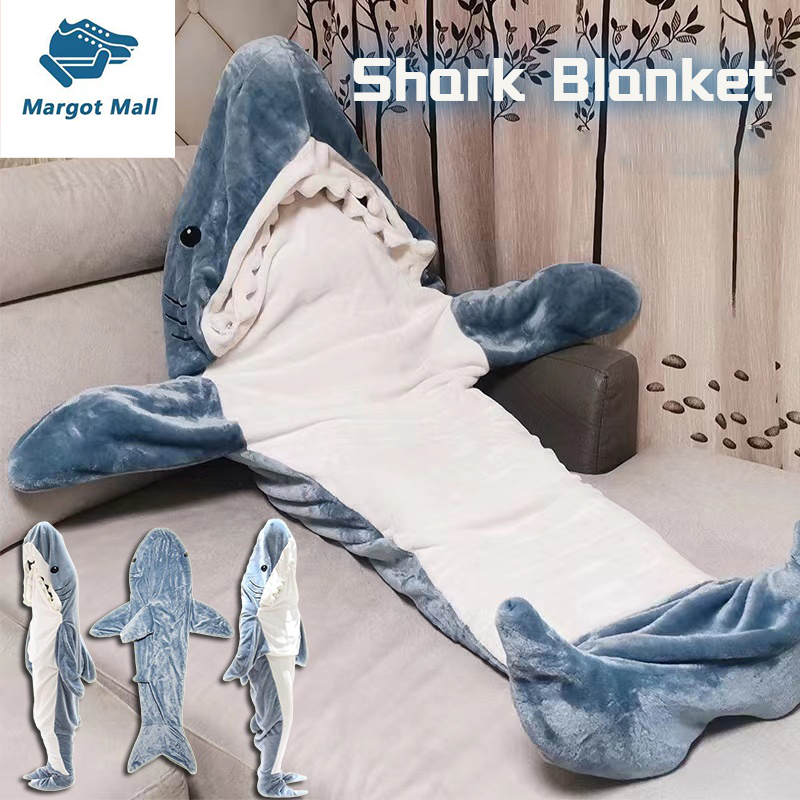 【IN STOCK】Cartoon Shark quilt Onesie Blanket Super Soft Flannel Wearable Shark Blanket Hoodie Home Animal Tail Sleeping Bag Pajamas Office Cozy for Kids Adult cosplay costume鲨鱼睡衣被子角色扮演