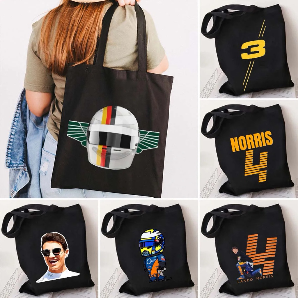 【In stock】Formula 1 Racing Car Daniel Ricciardo F1 Racer Lando Norris Helmet Cute Black Shoulder Canvas Totes Bag Shopper Shopping Handbag