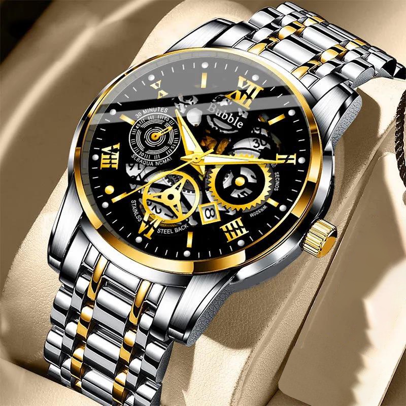 jam tangan lelaki Original Luxury Fashion Hollow Business All-Match Luminous Waterproof Calendar Quartz Stainless Steel Watch