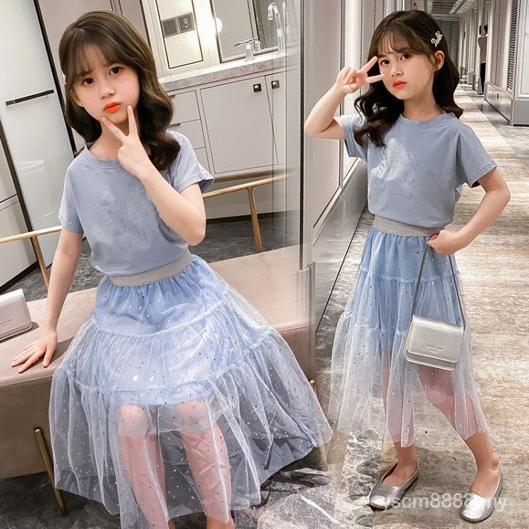 [JOY] girls' summer clothing online celebrity suit skirt summer short T half-length gauze skirt two-piece set big children's gauze skirt set