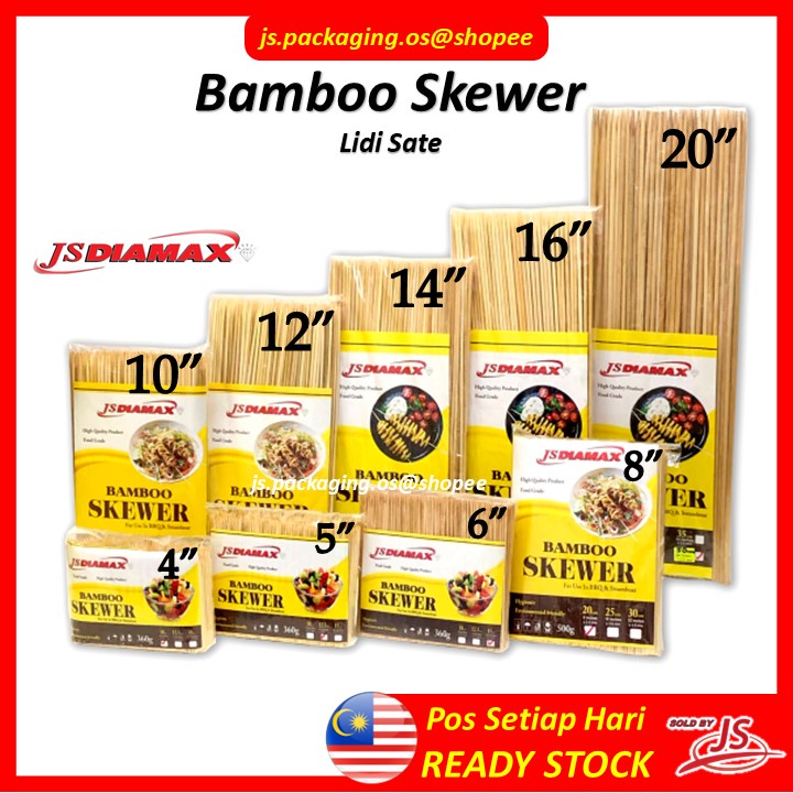JsDiamax Bamboo Skewer/Lidi Sate/ Satay Stick / Lidi Satay 4" / 5" / 6"/ 8"/ 10"/ 12"/ 14"/ 16"/20"