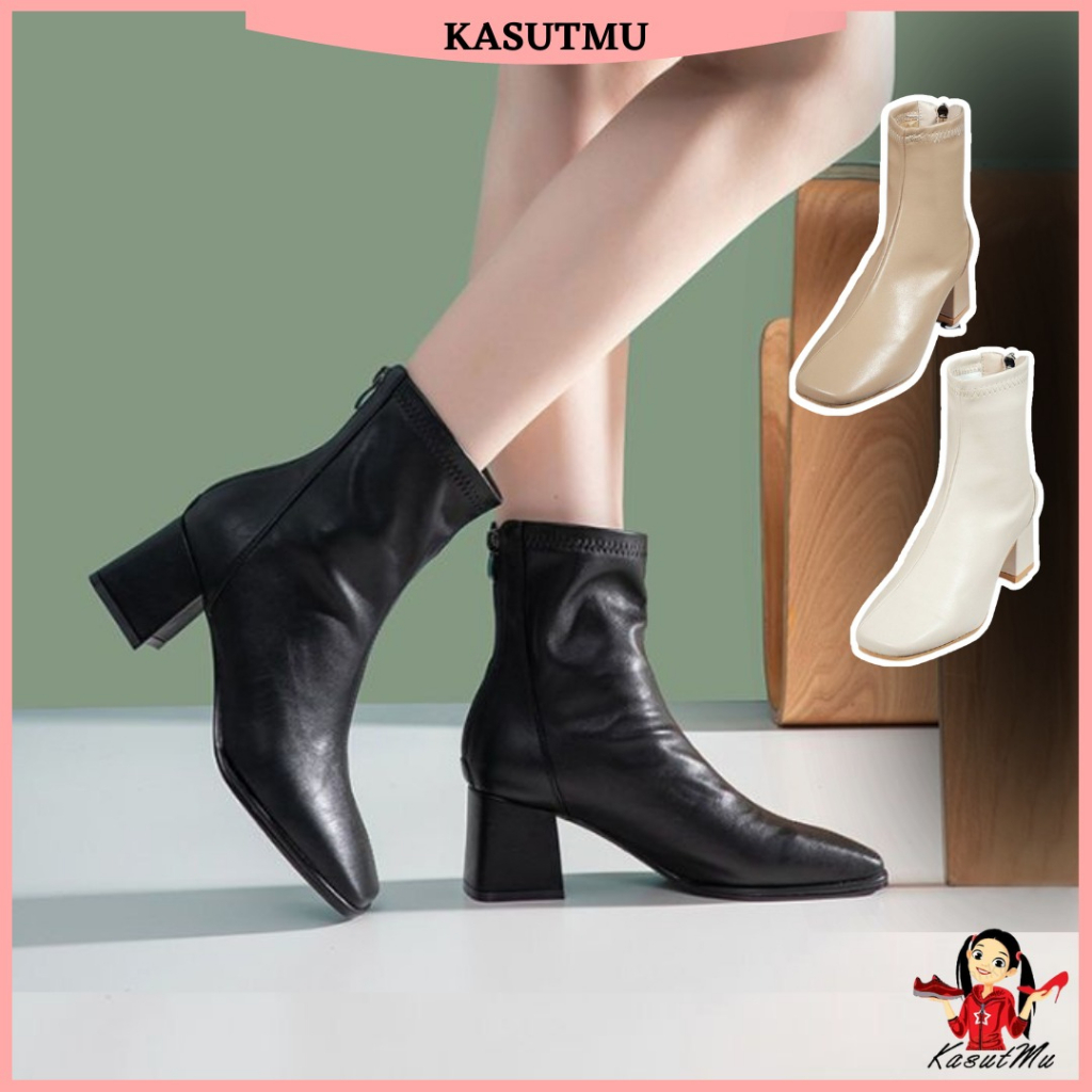 KASUTMU Women Shoes Martin Winter Boots Square Toe Thick High Heels Ankle Back Zip Tube Kasut Perempuan Fashion