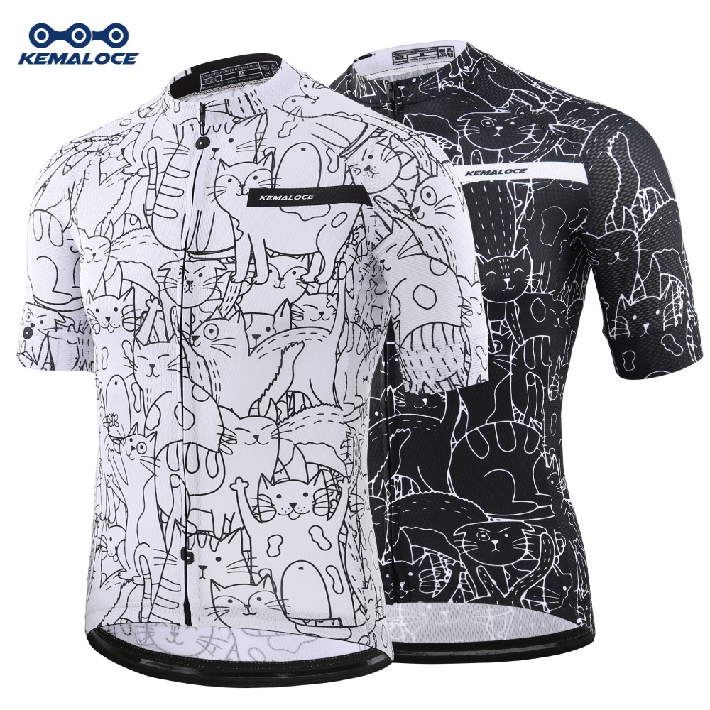 KEMALOCE Breathable White Cartoon Cat Cycling Jersey Anti-Pilling Eco-Friendly Bike Clothing Road Team Bicycle Wear Shirts
