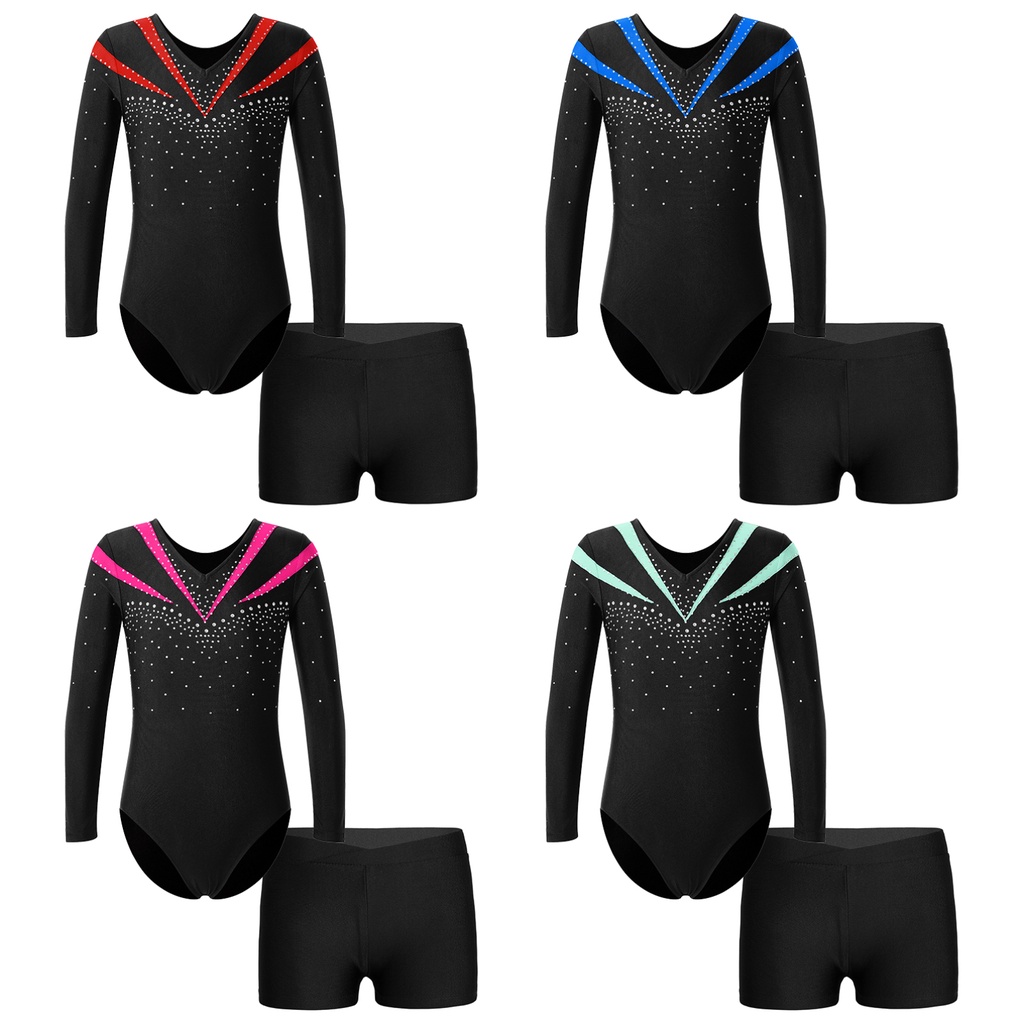 Kids Girls Long Sleeve V Neckline Shiny Rhinestone Decorated Contrast Color Leotard with V-front Waistband Shorts for Dance Sports Gymnastic