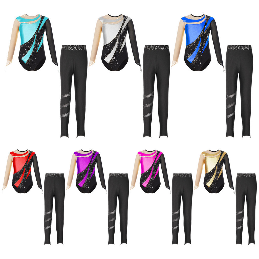 Kids Girls Metallic Long Sleeve Gymnastics Leotards with Athletic Leggings Sets Dance Outfits