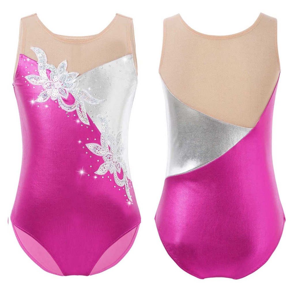 Kids Girls Sleeveless Mesh Patchwork Glittering Sequins Adorned Leotard Ballet Dance Gymnastic Skating Jumpsuit