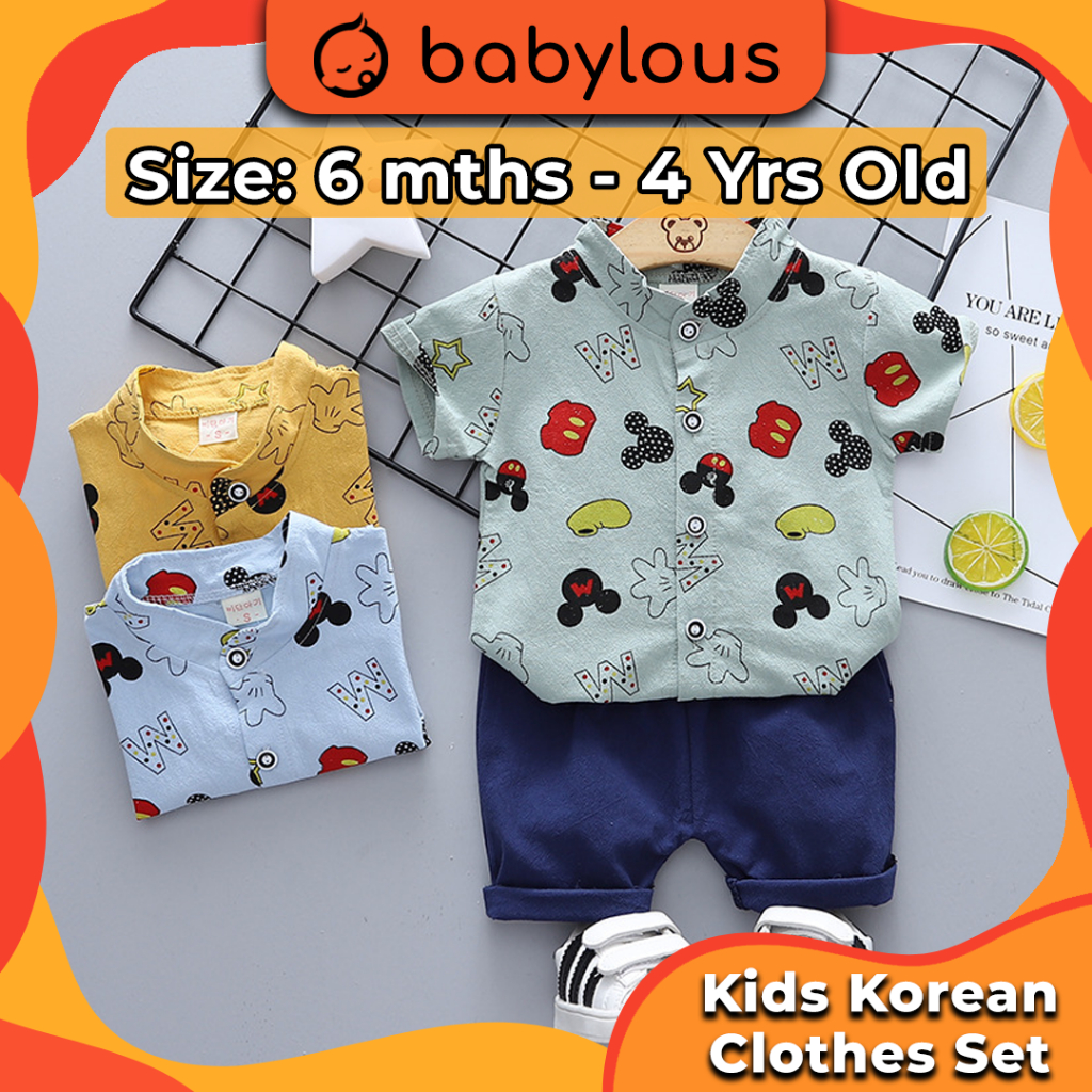 Kids Korean Fashion Outfit Set Baju Raya Budak Lelaki Short Sleeve Baby Kids Collar Clothes Set Cartoon Baju Budak Bayi