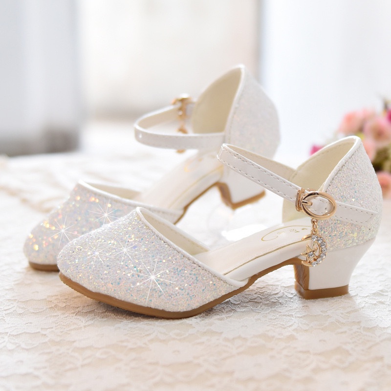 Kids White Pink Blue Princess Elegant Glitter Concert Dinner Stage Performance Party Outing Cover Heel Shoe (size 26-38)