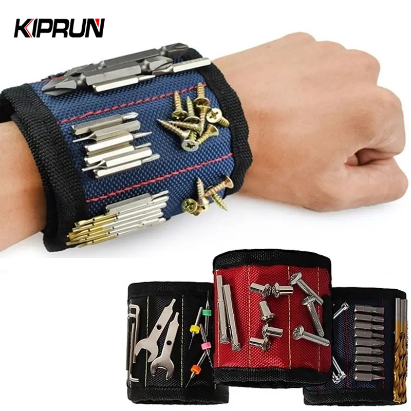 KIPRUN Magnetic Wristband Portable Tool Bag with 3 Powerful Magnet Electrician Wrist Tool Belt Screws Nails Drill Bits Bracelet