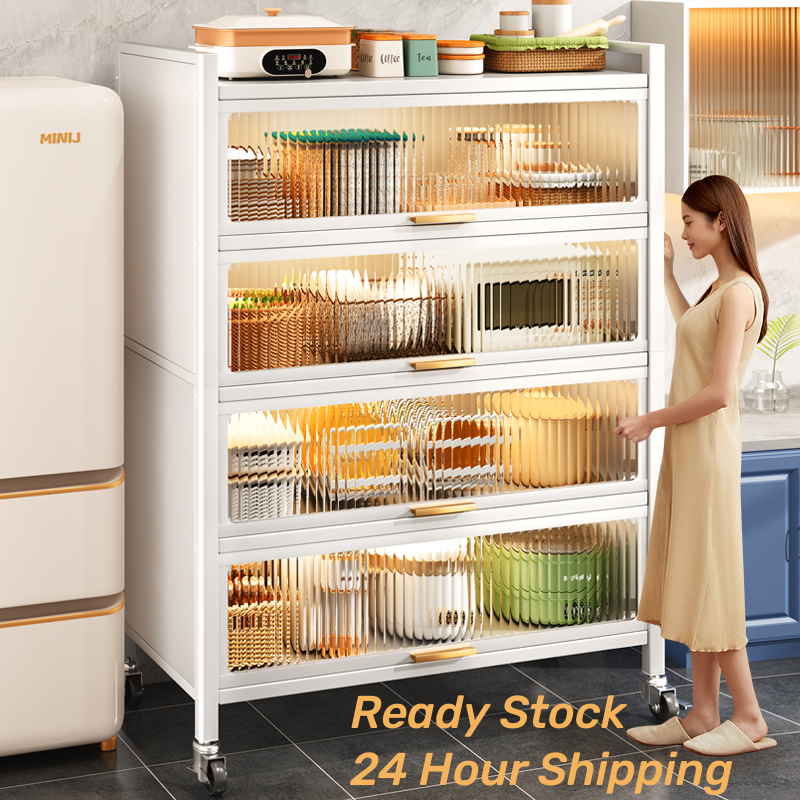 Kitchen Storage Cabinet Multi-layer Carbon Steel Organizer Rack Grey Oven Shelf With Wheels Rak Dapur Kabinet 廚房置物架