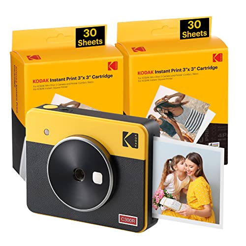 KODAK Mini Shot 3 Retro 4PASS 2-in-1 Instant Digital Camera and Photo Printer (3x3 inches) + 68 Sheets Cartridge Bundle, Yellow