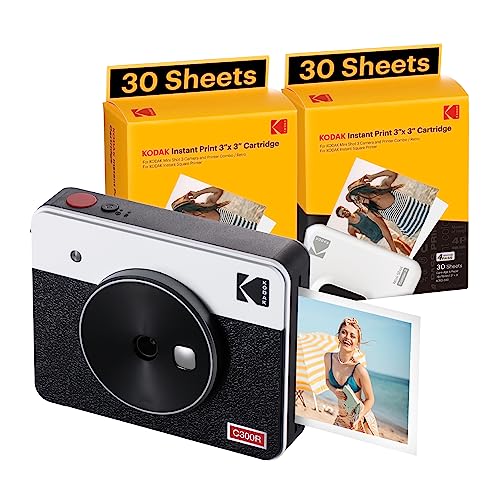 KODAK Mini Shot 3 Retro 4PASS 2-in-1 Instant Digital Camera and Photo Printer (3x3 inches) + 68 Sheets Cartridge Bundle, White