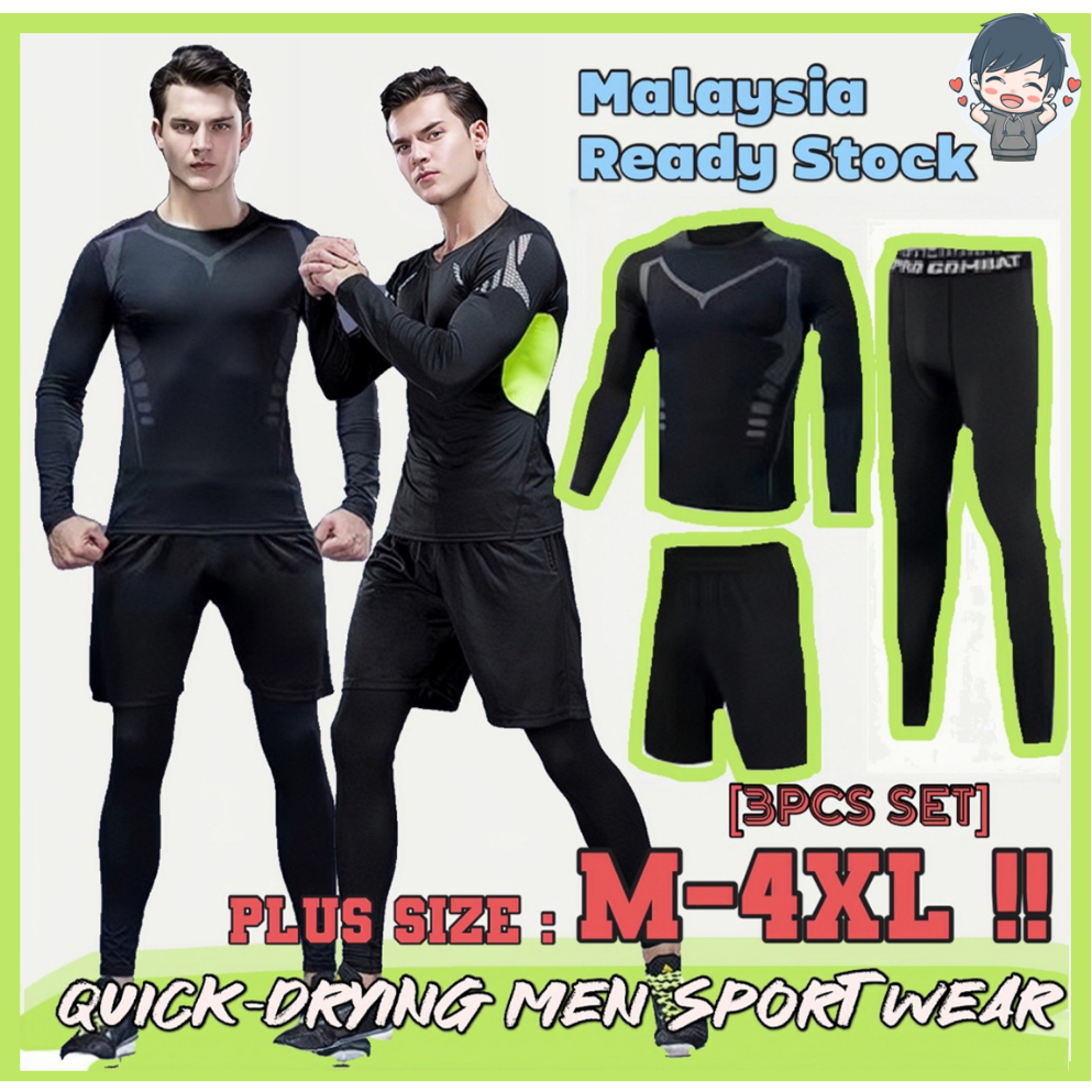 KOOWOO 3PCS Men Swimming Sport Wear Set Sports Gym Quick Dry Fitness Pakaian Sukan Lelaki Gim Renang Jersey bola