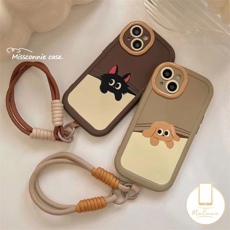 Korean Cute Black Cat Dog Phone Strap Cover Compatible for IPhone 11 Pro Max 15 14 13 12 Pro Max XR X XS MAX 14 15 Plus Lovely Puppy Plush Toy Pendant Luxury Cream Puffs Case