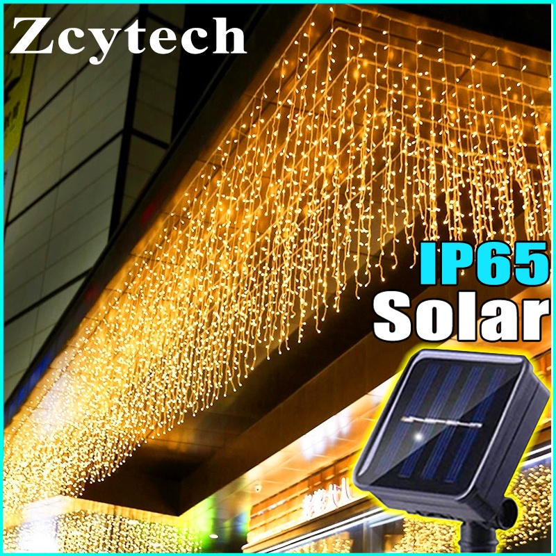 Lampu Raya Solar Icicle Curtain Light Waterproof Fairy String Lights Eaves Decor 8 modes with 16Drops for Outdoor Curtains Wedding Party Hallowee Stair Decor