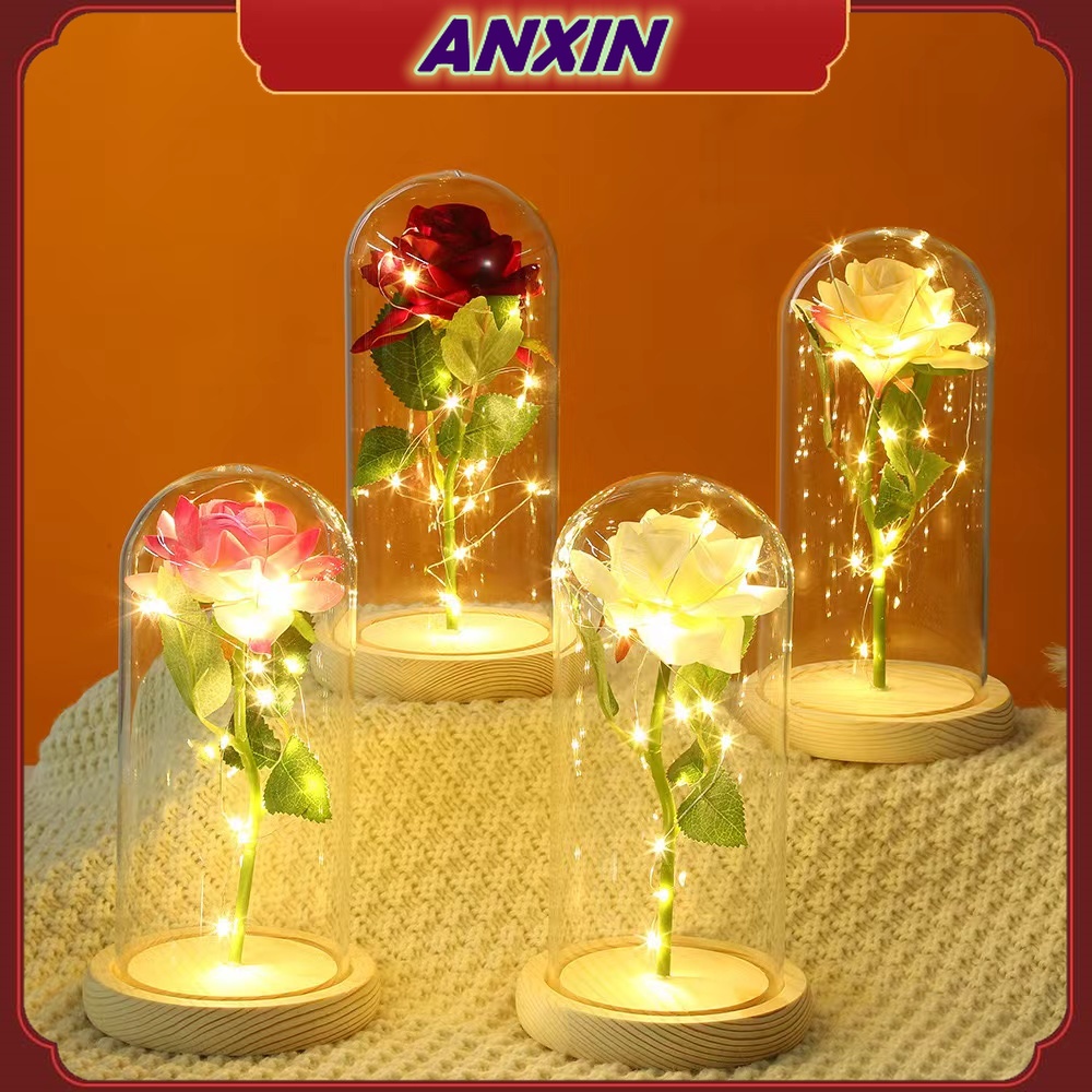 Led Light Rose Artificial in Glass Dome with Wooden Base as Unique Christmas Valentine’s Flower Gift table lamp