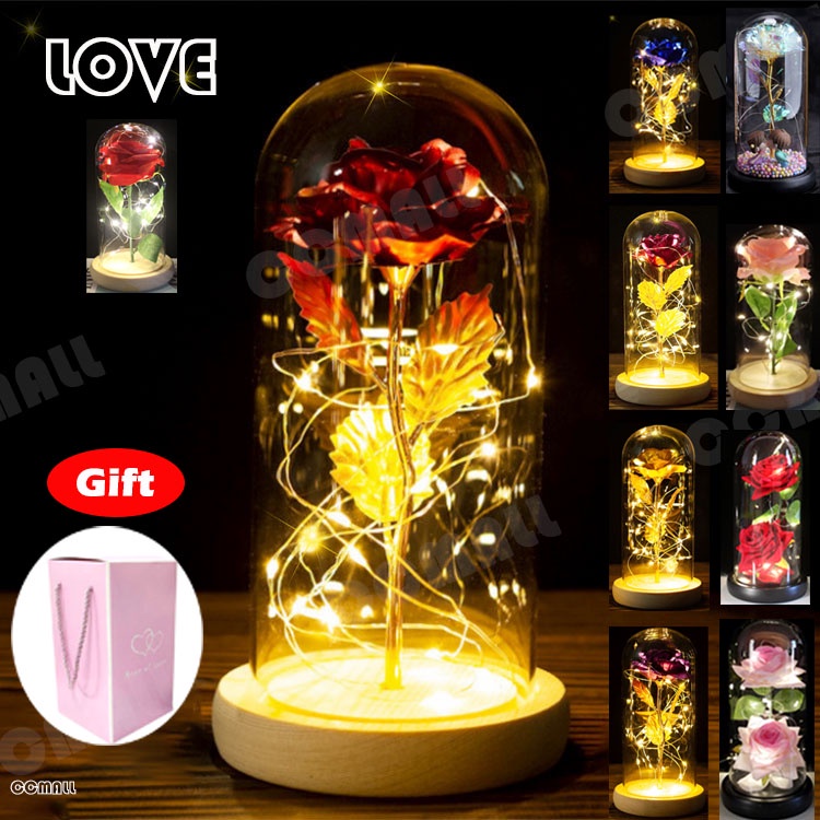 Led Light Rose Artificial in Glass Dome with Wooden Base as Unique Christmas Valentine’s Flower Gift table lamp