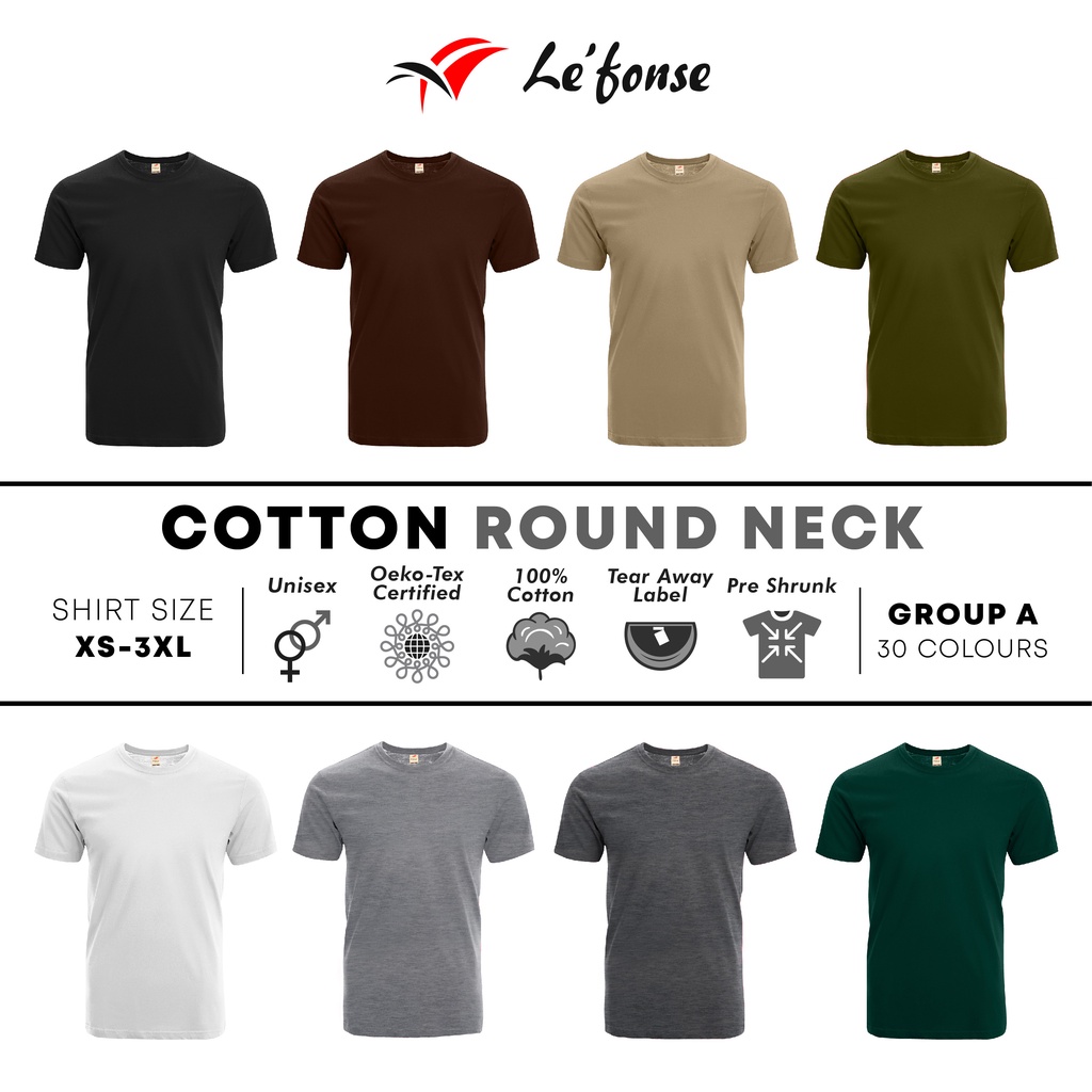 LEFONSE 160gsm Unisex Cotton Round Neck Plain Tshirt Women Men Shirt | Baju T Shirt Lelaki - RC01 Group A