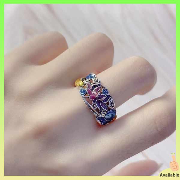 lelaki cincin cincin Kaedah kuno koi teratai retro Thai perak semua warna kerajinan minyak menunjukkan perangai putih cincin teratai sastera klasik jari telunjuk