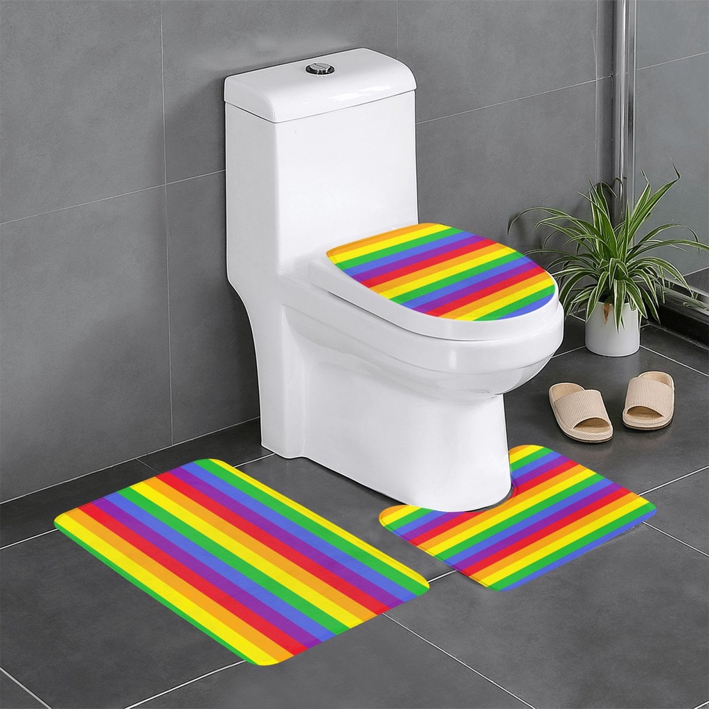 LGBT Gay Pride Rainbow StripesFashion Bathroom Rug Mats Set 3 Piece Anti-Skid Pads Bath Mat + Contour + Toilet Lid Cover